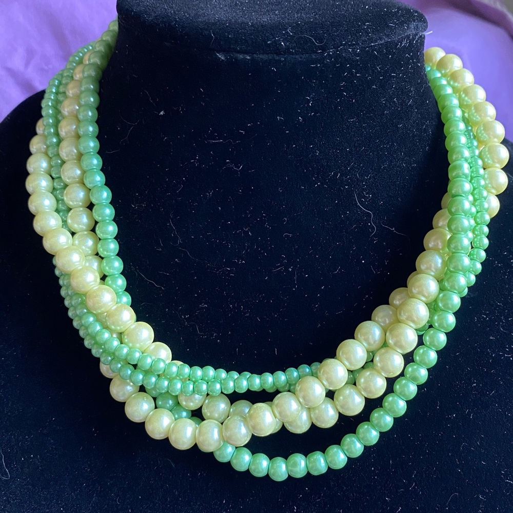 Vintage Blue And Pearl Bead Five Strand Necklace 16”